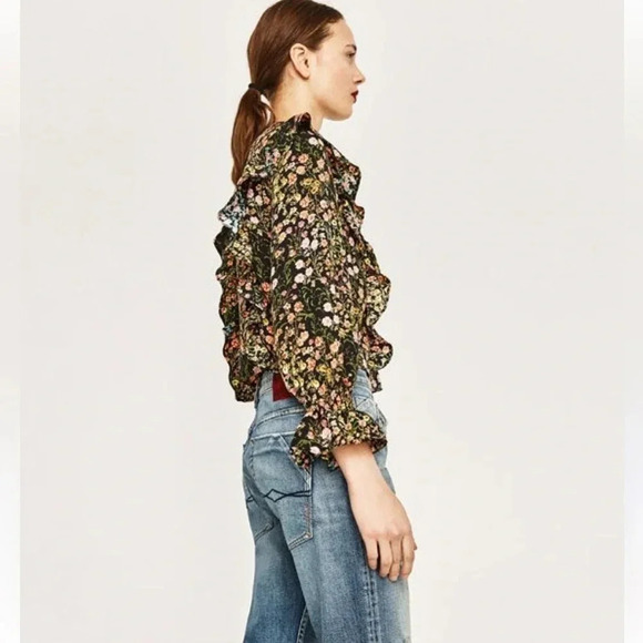 ZARA Floral Black Long Sleeve Ruffle Blouse Small - Picture 3 of 10